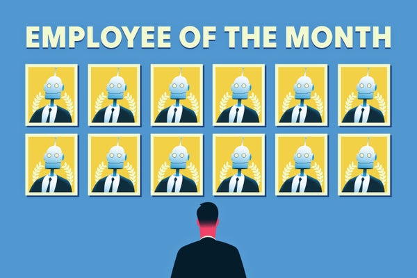 Illustration of man looking up at wall of photos of robots who are employees of the month