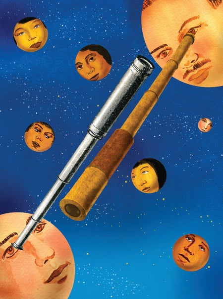 Illustration of a night sky, with multiple faces on moons and two looking through telescopes