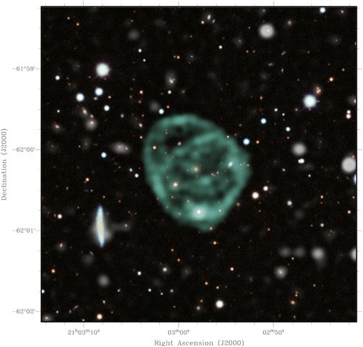The MeerKAT image of ORC 1, superimposed on optical data from the Dark Energy Survey.