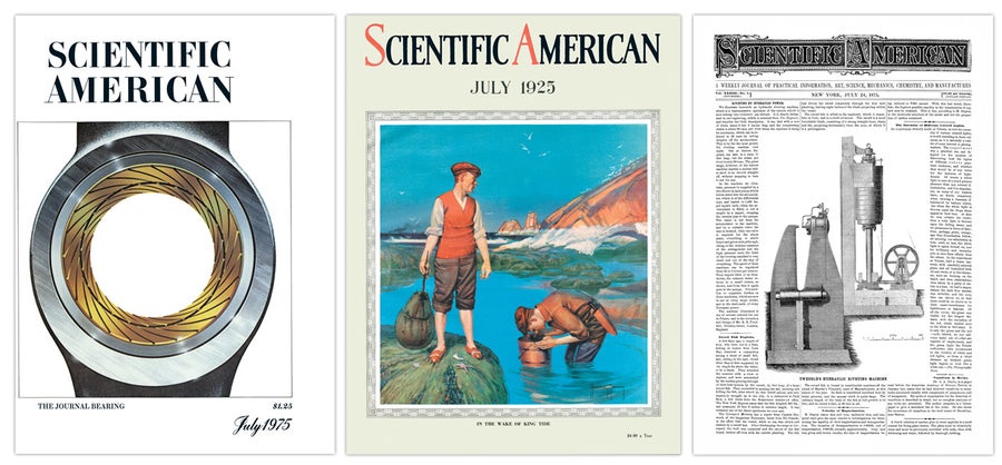 Covers of Scientific American from July 1975, 1925 and 1875.