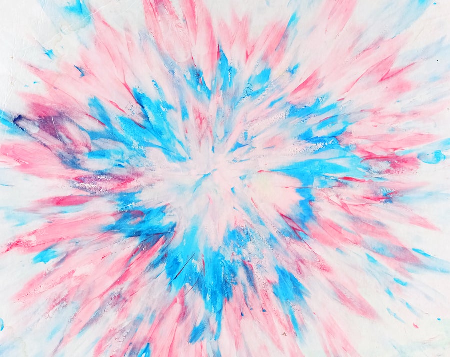 Painting conveying appearance of sexual synesthesia with varying layers of blue and pink colors radiating from the center