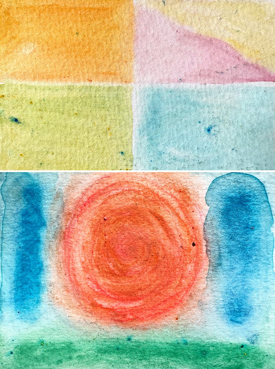 Two paintings stacked in a diptych, each one conveying the appearance of sexual synesthesia from firsthand experience. Top painting: A grid of 4 rectangular images. Top left is orange, top right is diagonally split with a wavy border stretching from the upper left corner to lower right corner with pink on the lower left and yellow on the upper right. Bottom right image is light blue. Lower left image is green; Bottom painting: A red circle sits at the center, framed by two blue bars on the left and right, and a green bar along the bottom edge