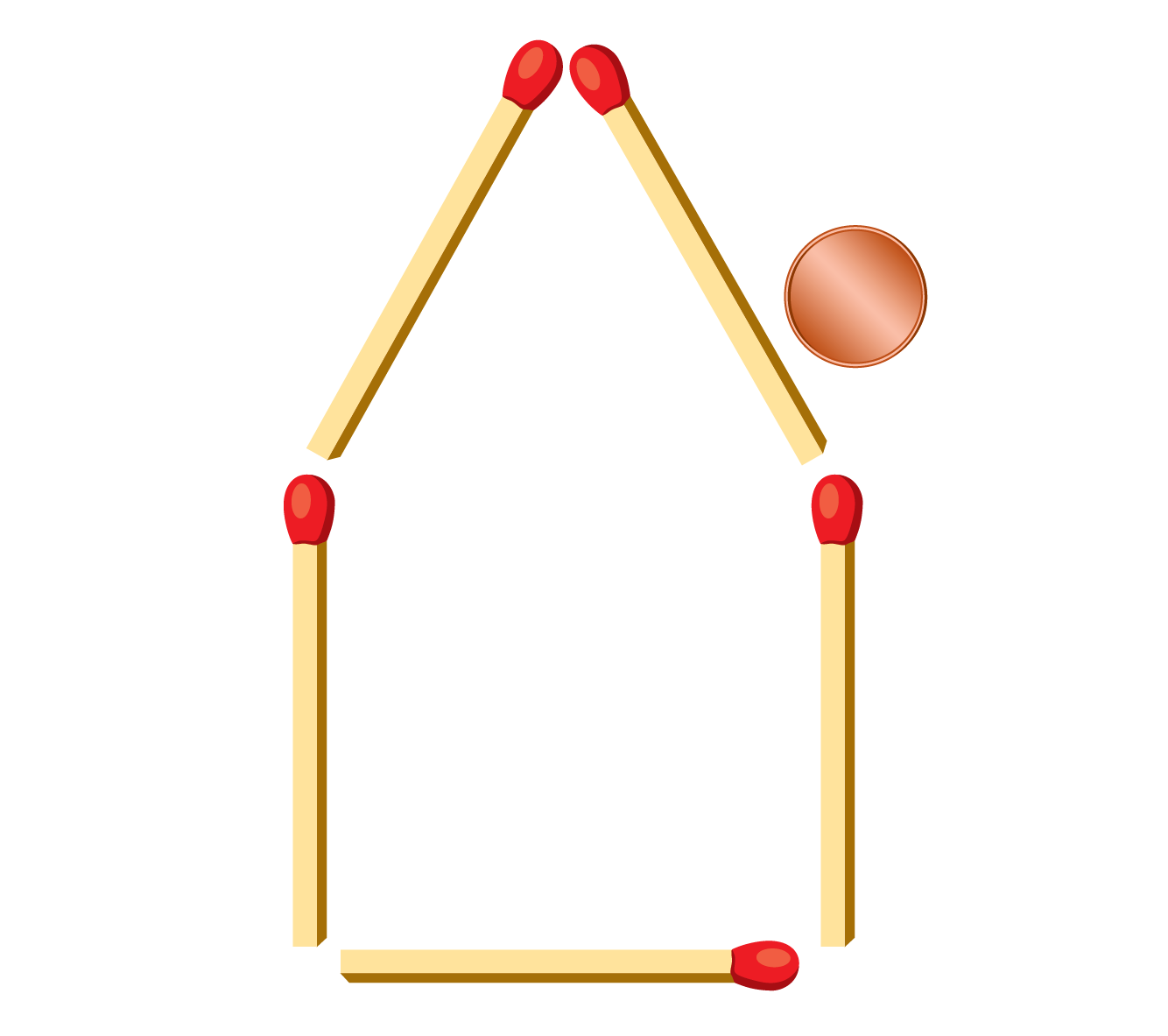 Five matchsticks are arranged in the shape of a houselike pentagon, with a coin sitting just outside the pointed top.