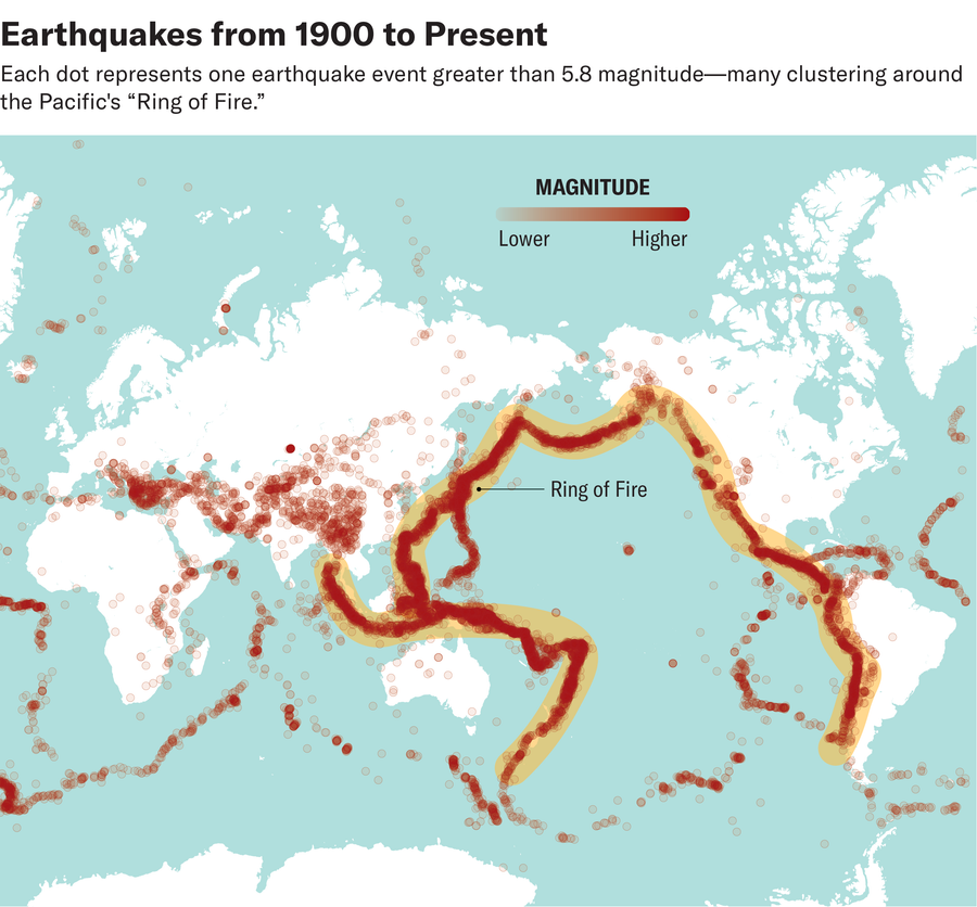 A map shows dots representing earthquakes from 1900 to present with a magnitude greater than 5.8. The Ring of Fire is highlighted